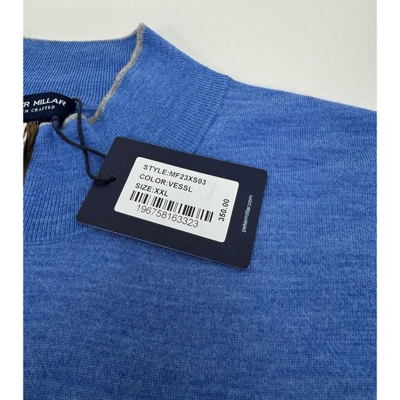 NWT Peter Millar Excursionist Flex Quarter Zip Wool Sweater VESSL Blue XXL $350 - Picture 3 of 9